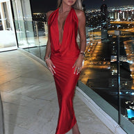 WW - Sexy langes Kleid mit V-Ausschnitt und Halterneck für Frauen