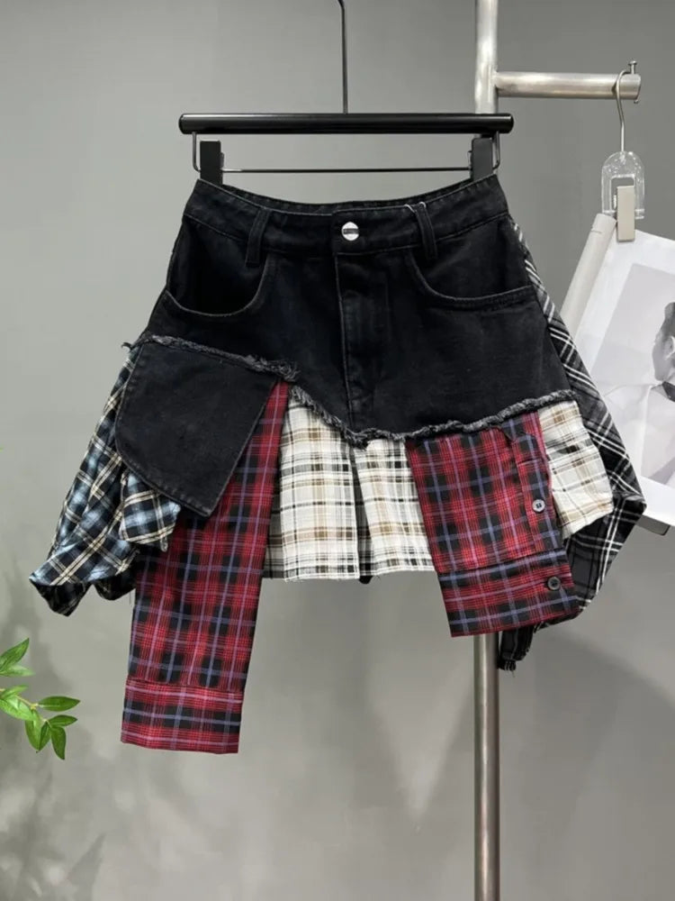 WW | Jahrgang Unregelmäßig Patchwork Kariert Röcke Denim Kurz für Frauen Hohe Taille Eingewickelt Hüfte Mini Rock Sommer Weiblich