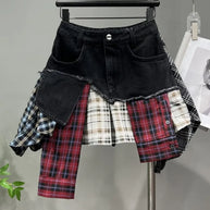 WW | Jahrgang Unregelmäßig Patchwork Kariert Röcke Denim Kurz für Frauen Hohe Taille Eingewickelt Hüfte Mini Rock Sommer Weiblich