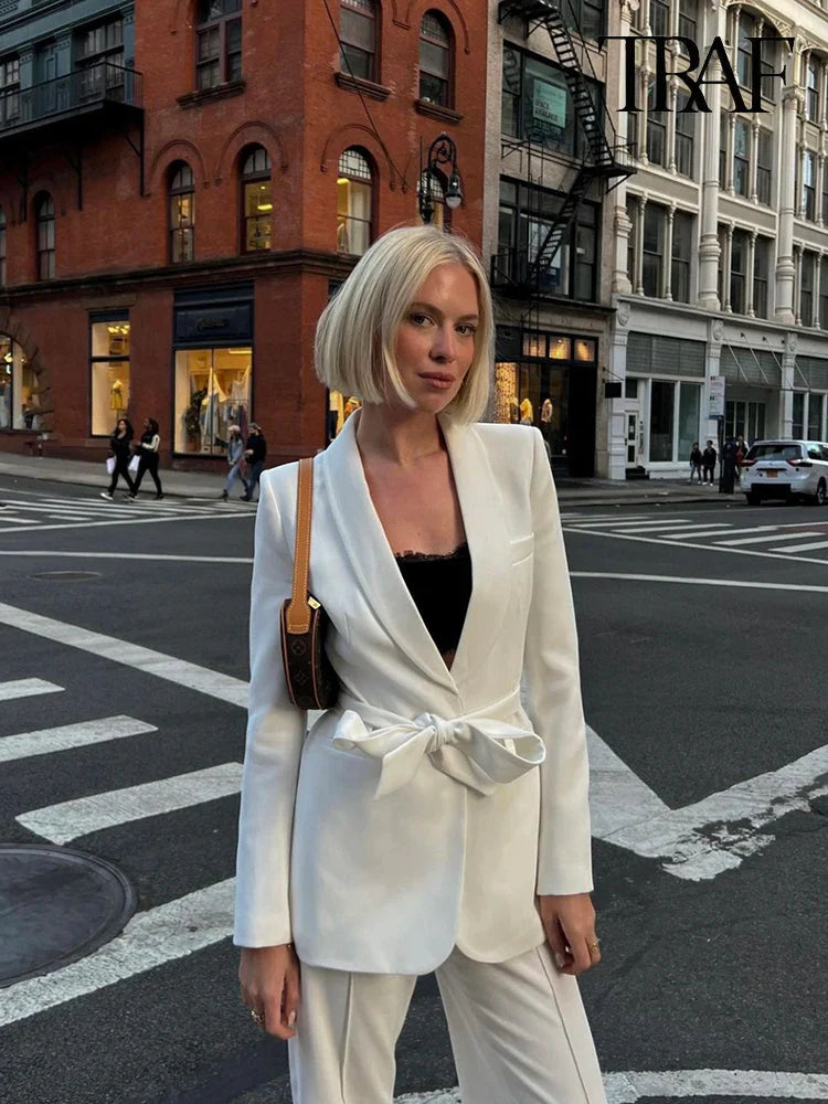 WW | Damen Freizeit Blazer Schicke Oberbekleidung Elegante Schlaghosen Langarm V-ausschnitt Gürtel Büro Pendler Anzug Satz
