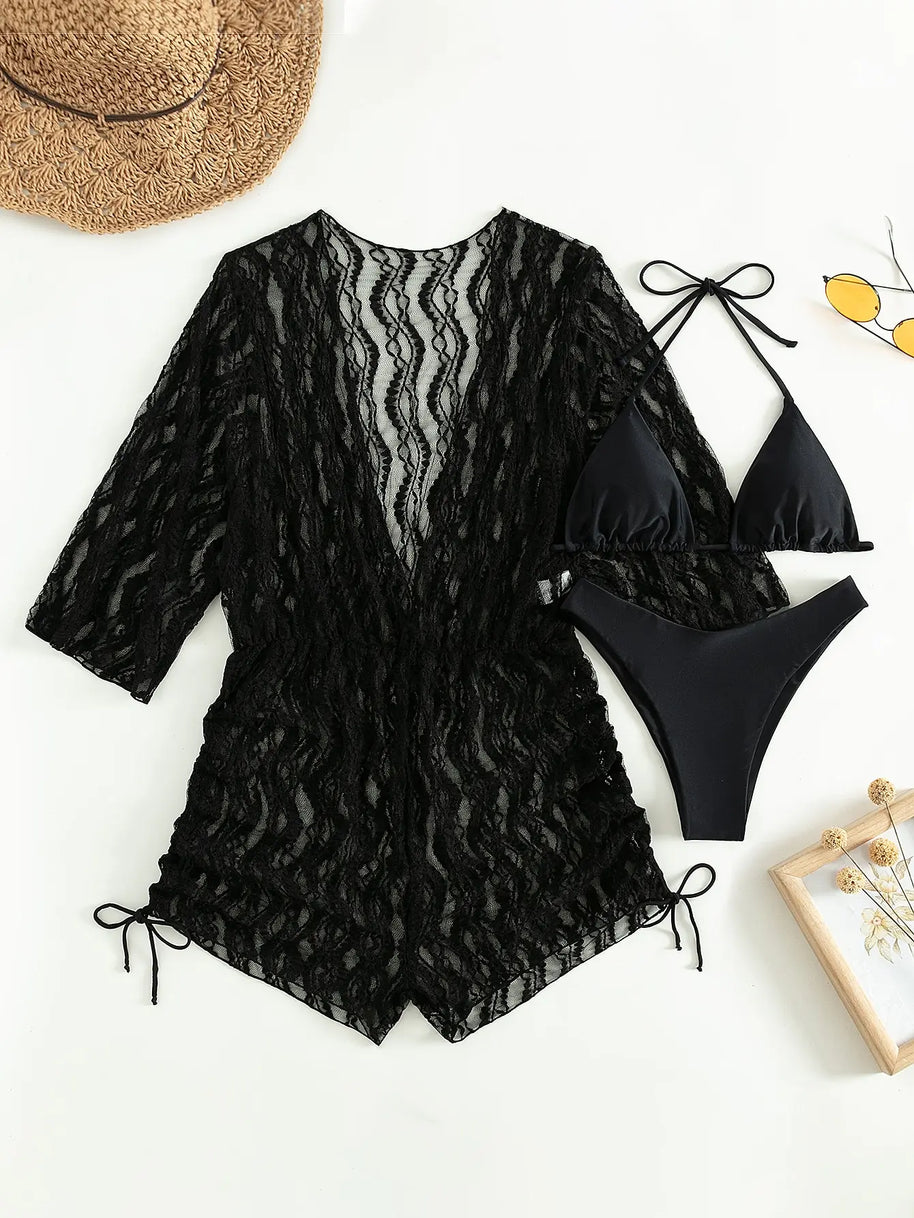 WW | 3 Stück Bikini Tropischer Druck Badebekleidung Halter Schnürseite Badebekleidung Frauen Badeanzug Weiblich Schwimmen Sommer Strandbekleidung