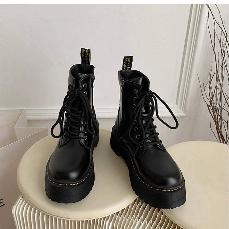 WW | Chunky Leder Damen Stiefel Mit Hohem Absatz