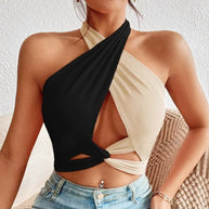 WW | Frauen Sommer Tank Tops Sexy Patchwork Cross Halterneck Träger Loch Crop Tops Hoch Street Wear Neue Mode