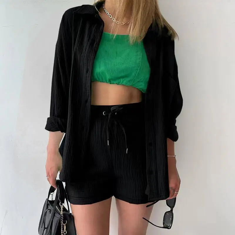 WW | 2 Teiliges Lässiges Nachtwäsche Baumwolle Pyjama für Frauen Umgeschlagenen Kragen Schlaf T-Shirts Set mit Shorts Gas Strickjacke Zuhausekleidung Sommer
