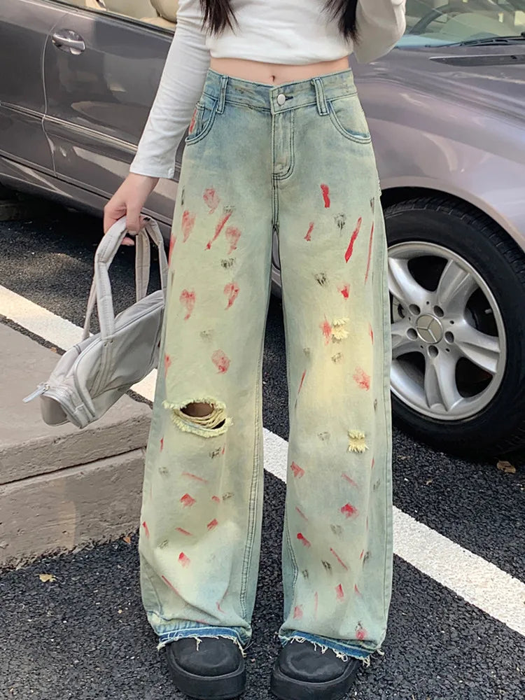 WW | Cyber Y2K Mode Ink Spray Jahrgang Blau Riss Baggy Neue Jeans Hosen für Frauen Kleidung Breite Beine Alte Gerade Damen Hosen