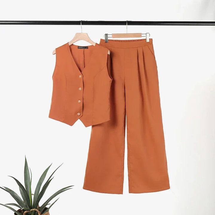 W&W Mode Modern Set | Eleganter ärmelloser V-Ausschnitt-Top und weit geschnittene Hosen Damenanzug