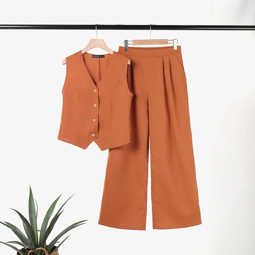 WW Modern Set | Eleganter ärmelloser V-Ausschnitt-Top und weit geschnittene Hosen Damenanzug