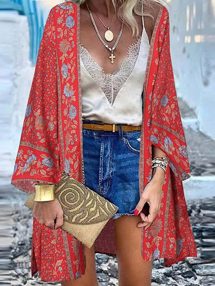 WW | Sommerlicher Damen Strickjacke Im Boho Stil Mit Buntem Blumenmuster