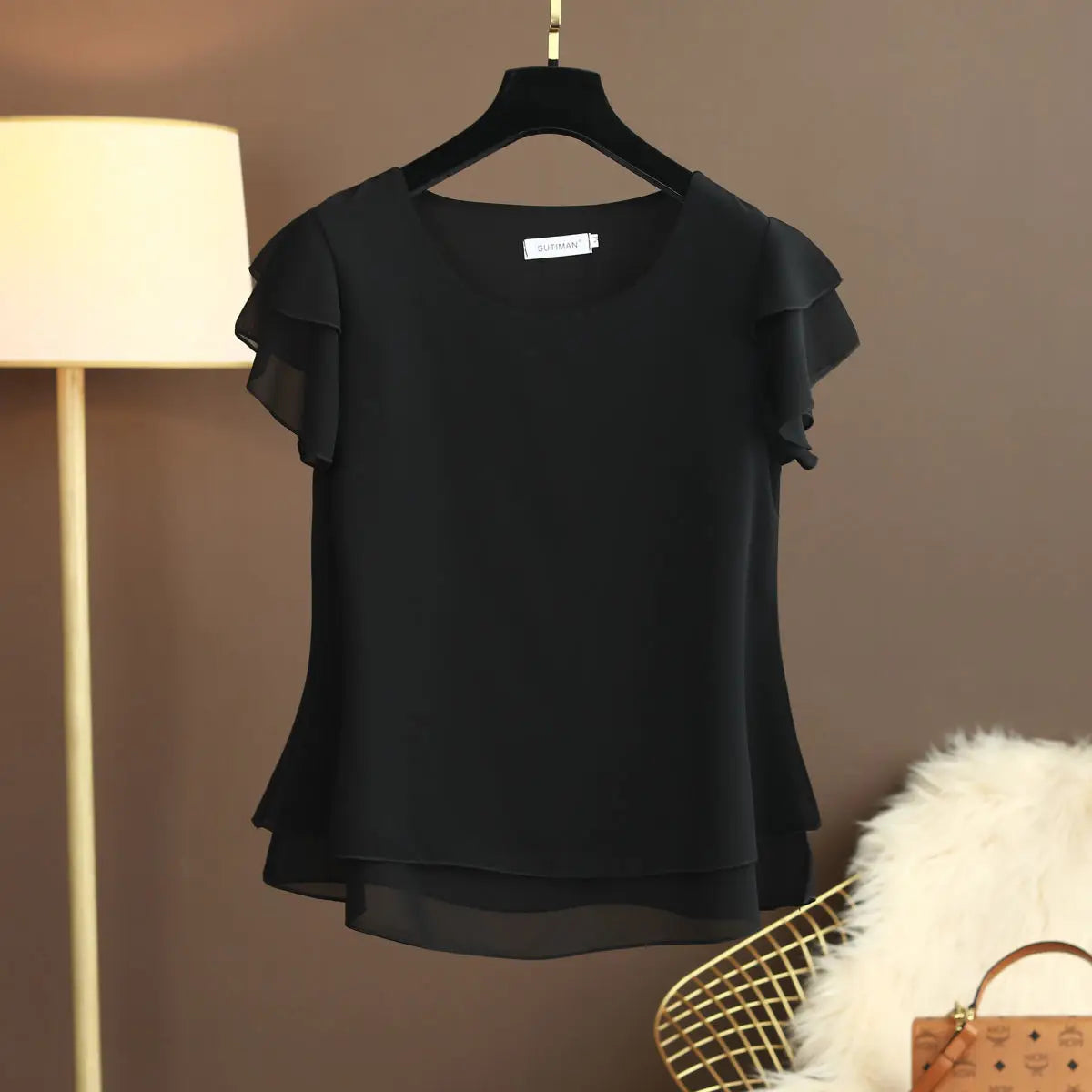 WW | Chiffon Bluse Mit O-ausschnitt Und Kurzen Ärmeln