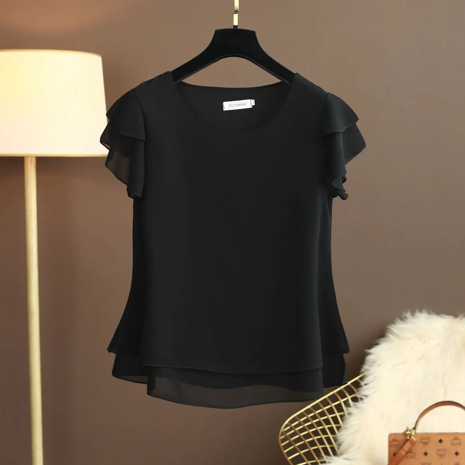 WW | Chiffon Bluse Mit O-ausschnitt Und Kurzen Ärmeln