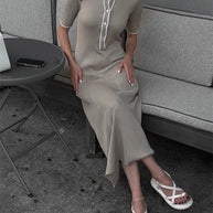 WW | Patchwork Revers Strick Maxi Kleid