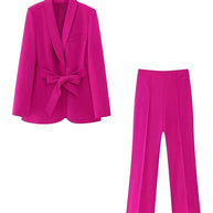 WW | Damen Freizeit Blazer Schicke Oberbekleidung Elegante Schlaghosen Langarm V-ausschnitt Gürtel Büro Pendler Anzug Satz