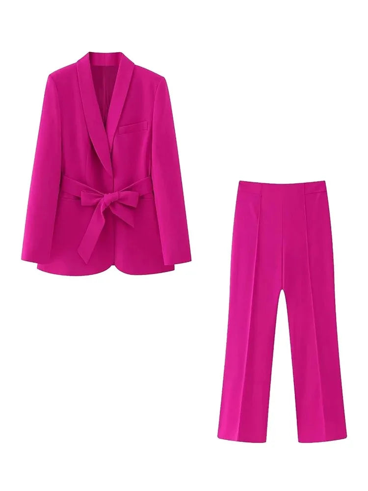 WW | Damen Legere Blaue Jacke Schicker Oberbekleidung Elegante Flared Hosen Lange Ärmel V-Ausschnitt Gürtel Büro Pendler Anzug Set