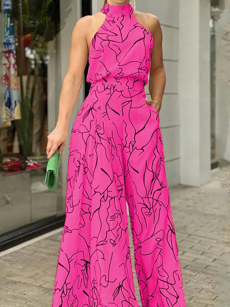 WW | Damen Elegante Taille Halterneck Jumpsuit Lässiger Druck Bindung Ohne Ärmel Breite Beine Lange Hosen Sommer Kleidung