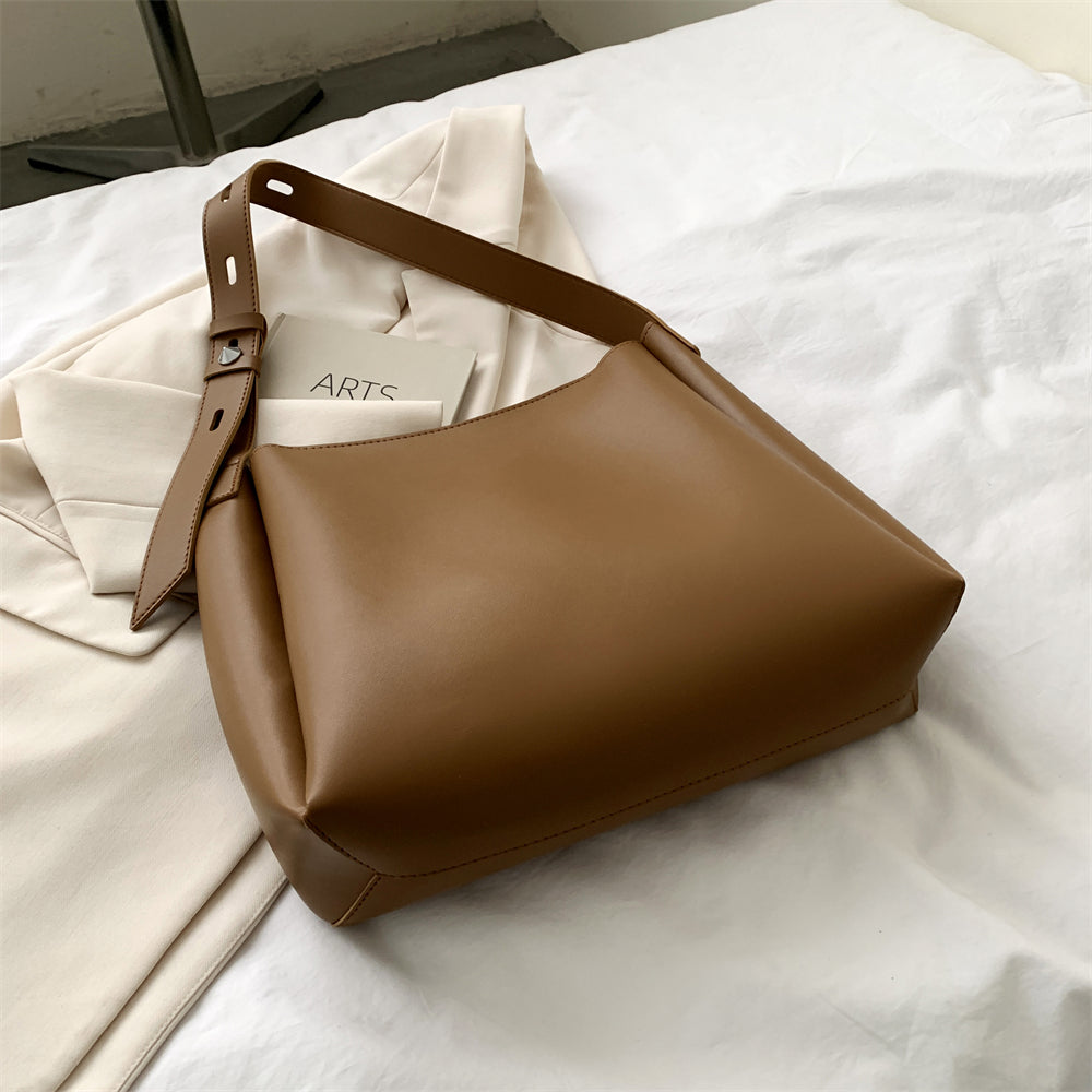 WW Hochwertige Damen Shopper Große Kapazität Schultertasche Reine Farbe Breiter Riemen Weiches PU-Leder