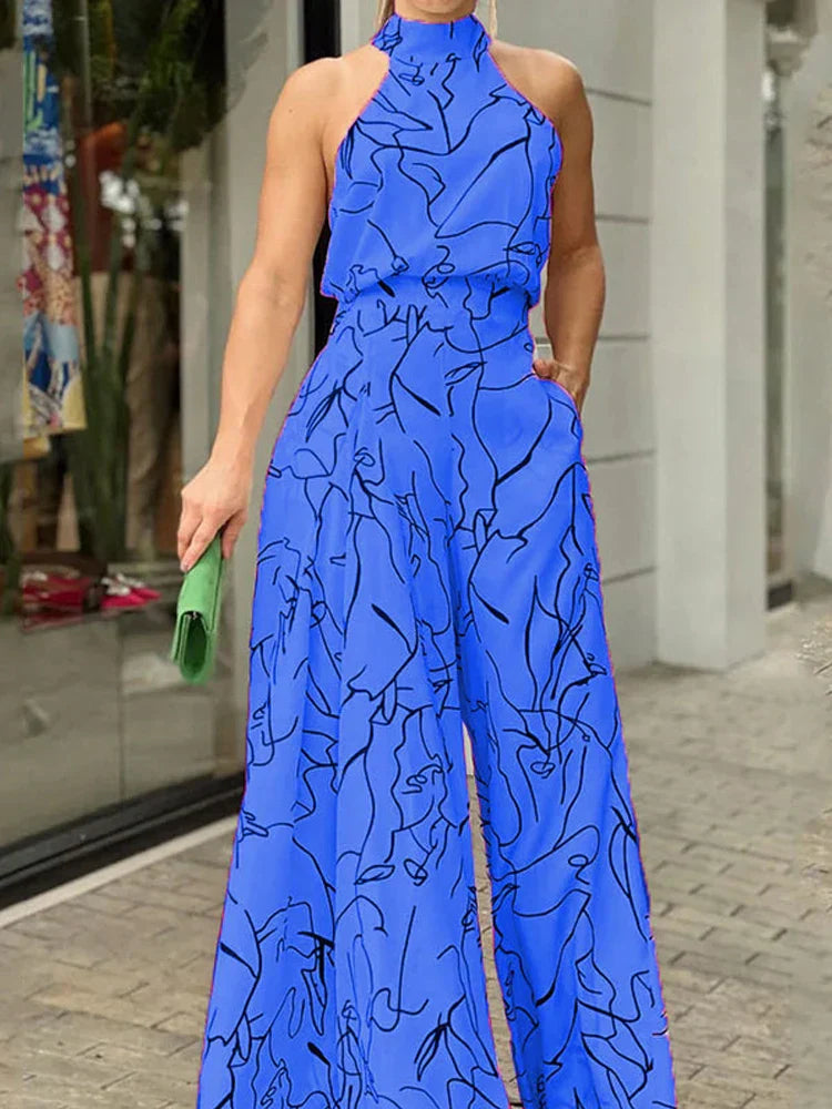 WW | Damen Elegante Taille Halterneck Jumpsuit Lässiger Druck Bindung Ohne Ärmel Breite Beine Lange Hosen Sommer Kleidung