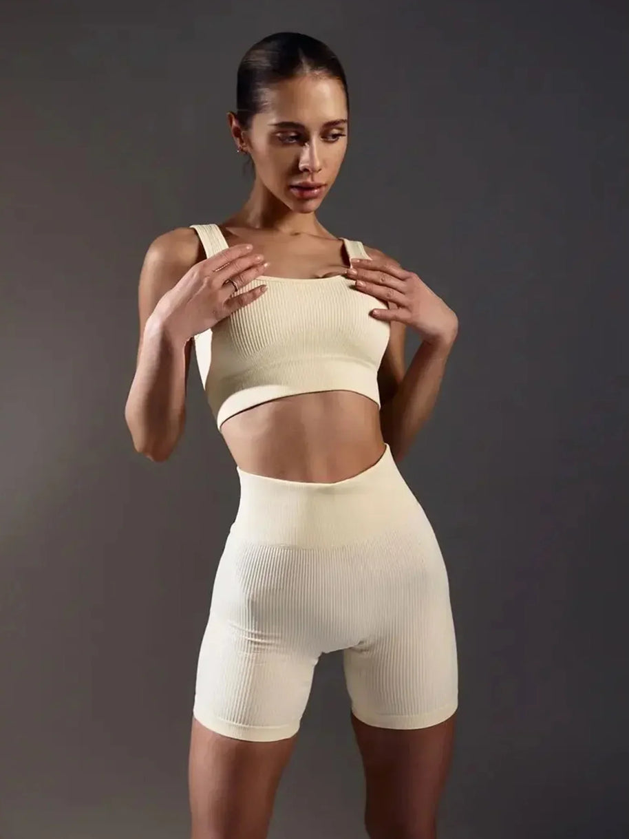 WW | Sommer Weiße Training Kleidung Gerippt Sport Shorts Set Fitness Set Sport Kleidung Damen Yoga Set Nahtlose Hohe Taille Shorts Outfit