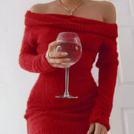 WW | Sexy Französisches Strick-Pink Y2K Vintage Winterkleid