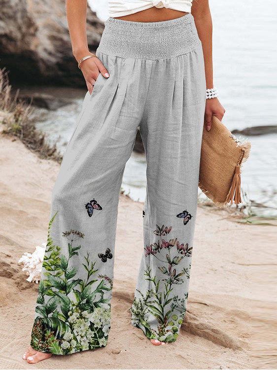 WW | Damen Hosen Print Hohe Taille Slip Tasche Gerade Hosen