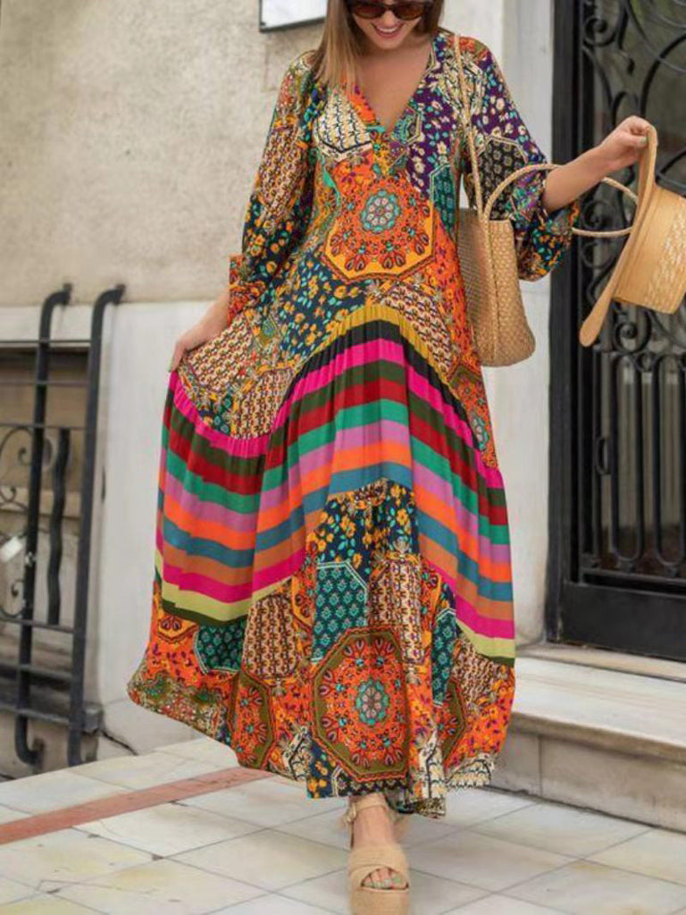 WW | Frauen Kleider Vintage Druck V-Ausschnitt Lange Ärmel Kleid