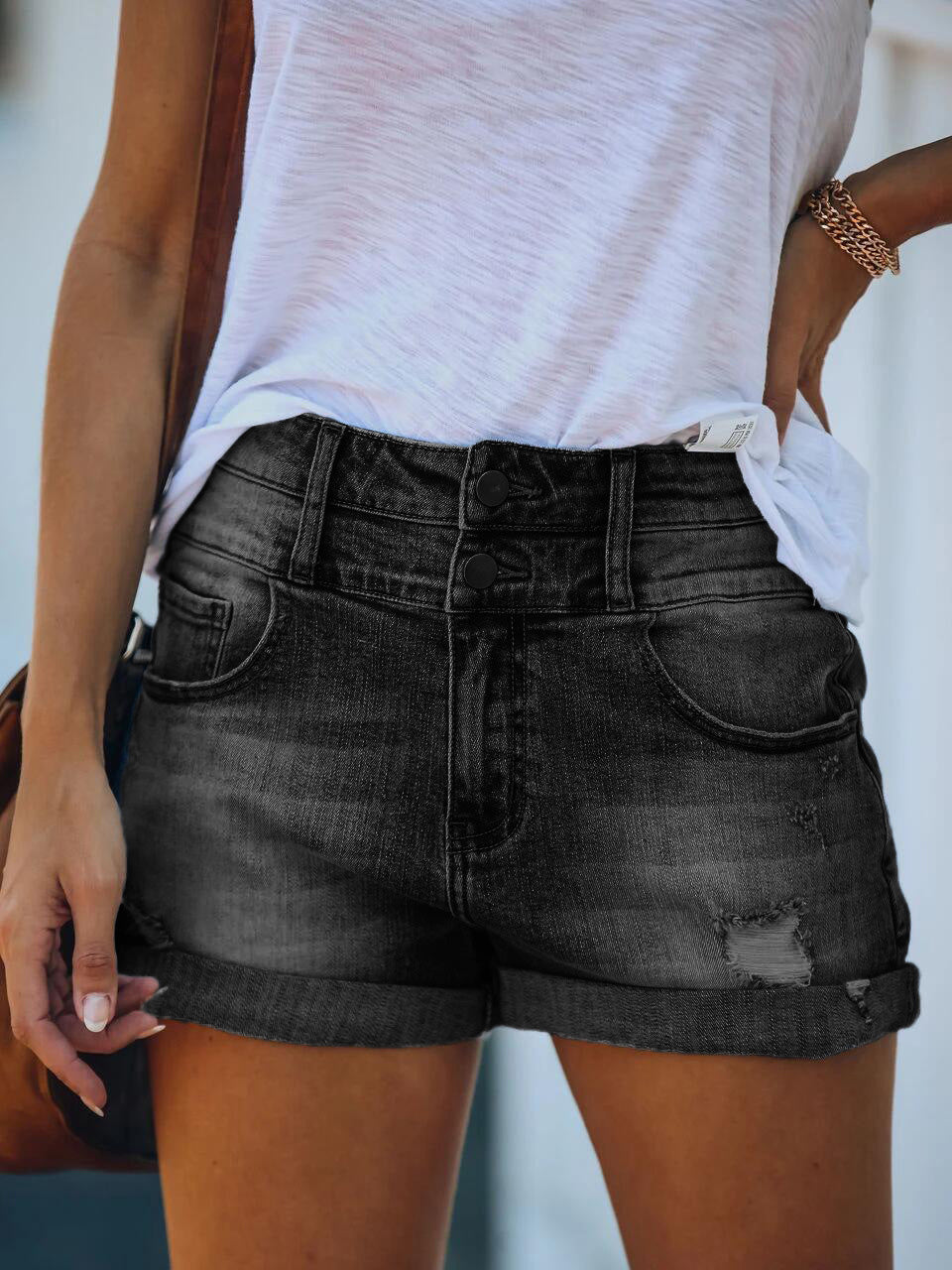 WW | Damen Denim Shorts Zerrissen Gerollt Stretch Hohe Taille Denim Shorts