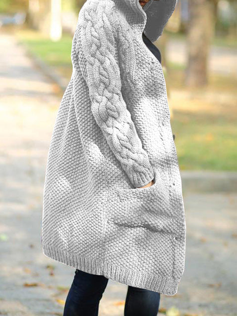 WW | Frauen Strickjacken Einfarbig Ein-Knopf Tasche Kapuze Strickjacke