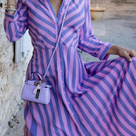 WW | Damen Kleider Gestreift Revers Knopf Langarm Hemdblusenkleid