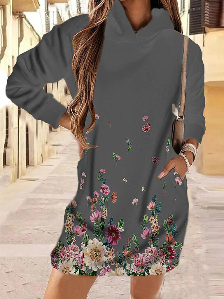 WW | Damen Kleider Blumendruck Tasche Langarm Hoodie Kleid