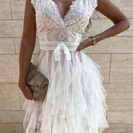 WW | Damen Kleider V-Ausschnitt Spitze Mesh Unregelmäßiges Kleid