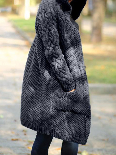 WW | Frauen Strickjacken Einfarbig Ein-Knopf Tasche Kapuze Strickjacke