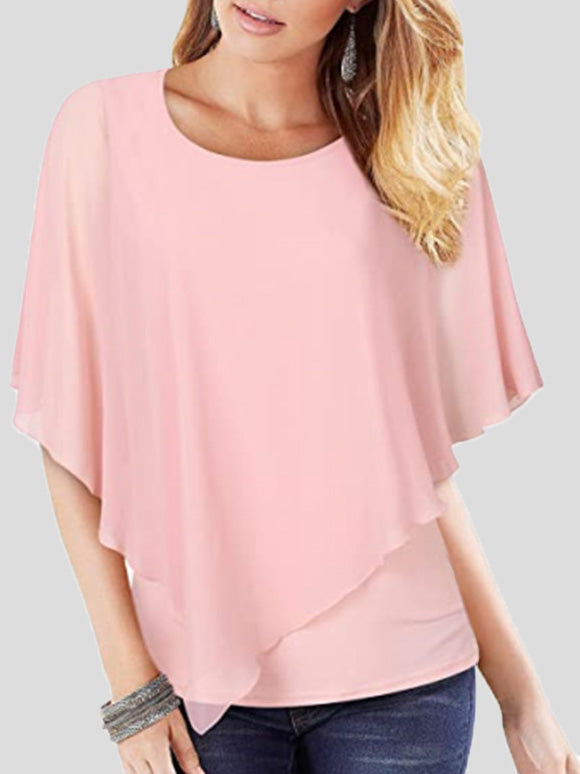 WW | Damen T-Shirts Einfarbig Fließend Kurze Ärmel Chiffon T-Shirt