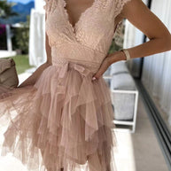 WW | Damen Kleider V-Ausschnitt Spitze Mesh Unregelmäßiges Kleid