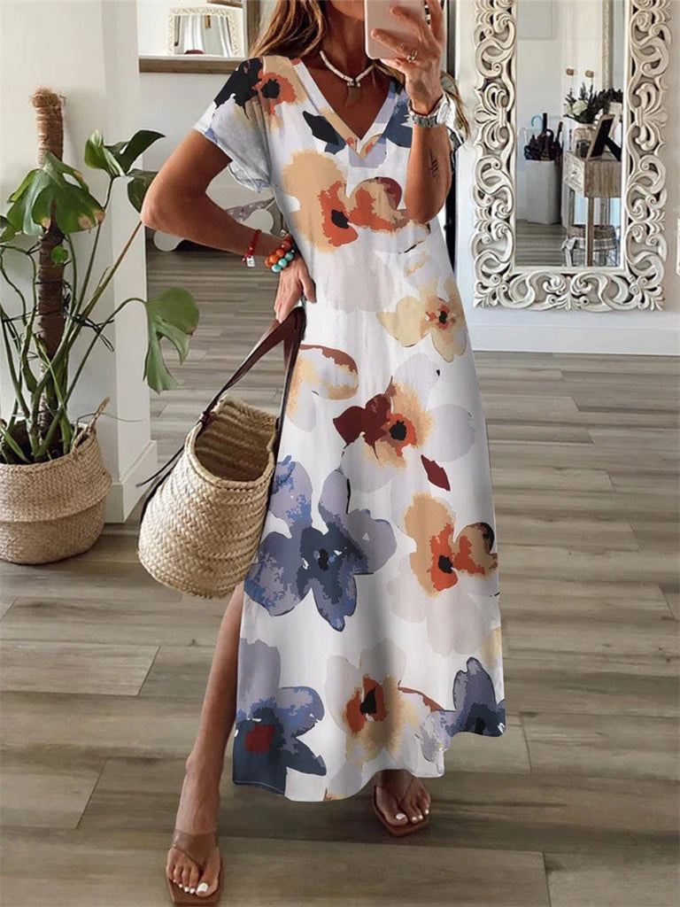 WW | Frauen Kleider Blumenmuster V-Ausschnitt Kurzarm Schlitzkleid