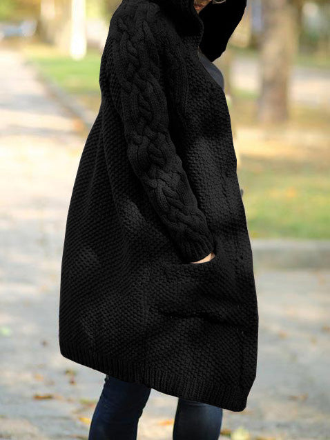 WW | Frauen Strickjacken Einfarbig Ein-Knopf Tasche Kapuze Strickjacke