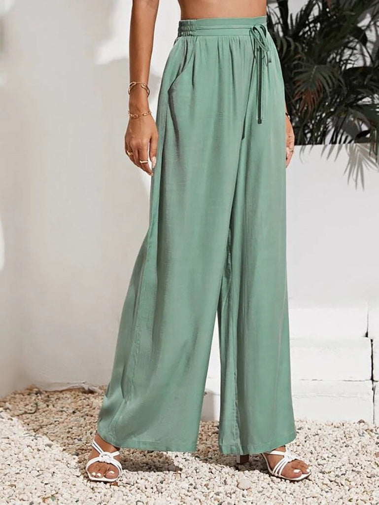 WW | Damenhosen Locker Solid Elastischer Bund Gürtel Breite Bein Hosen
