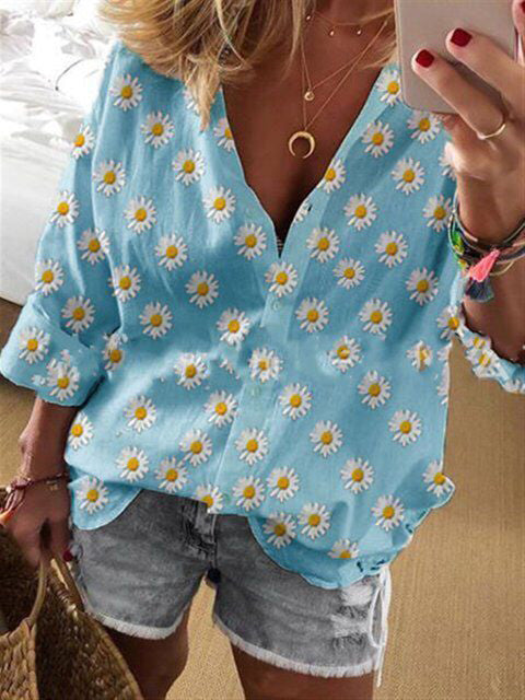 WW | Frauen Blusen Lose Blumen Einseitig Langärmelige Bluse