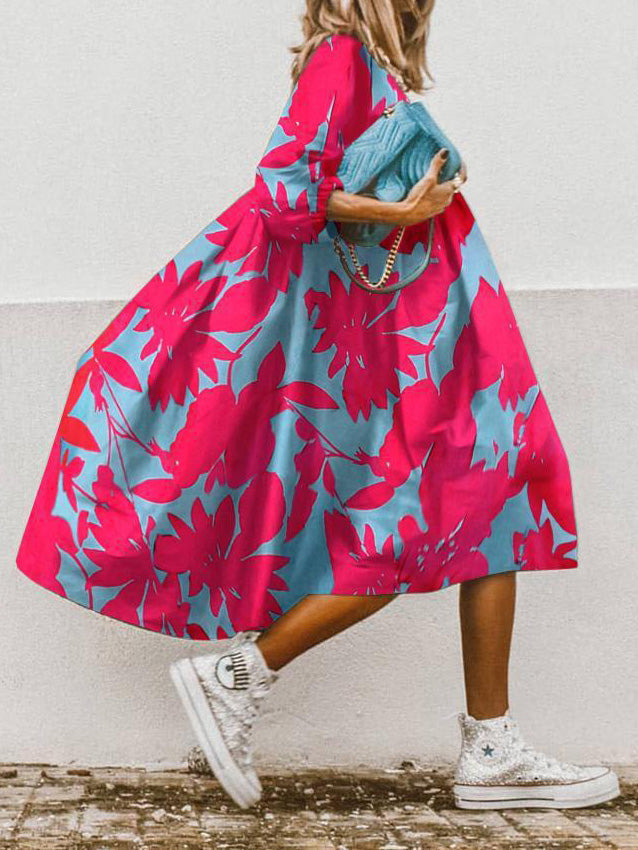 WW | Frauen Kleider Lockeres Bedrucktes Halbarm Midi Kleid