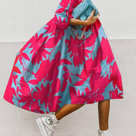WW | Frauen Kleider Lockeres Bedrucktes Halbarm Midi Kleid