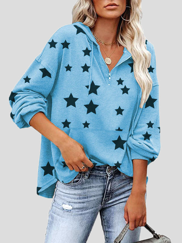 WW | Frauen Kapuzenpullover Reißverschluss Sterne Druck Tasche Langärmliger Kapuzenpullover