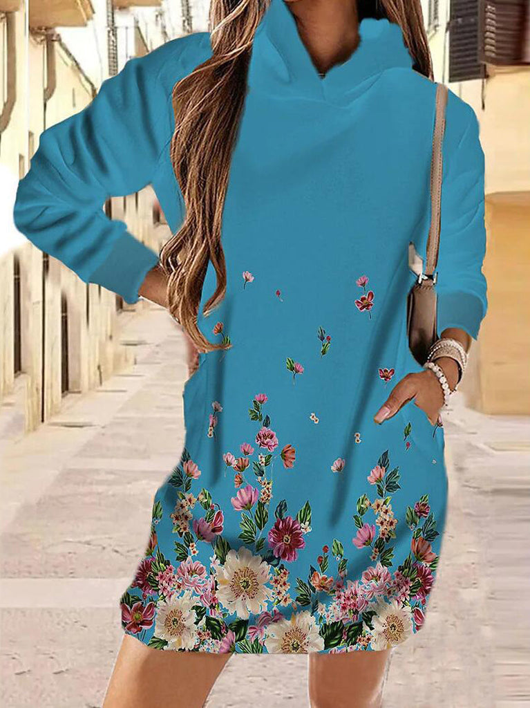 WW | Damen Kleider Blumendruck Tasche Langarm Hoodie Kleid
