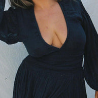 WW | Damen Kleider Baumwolle Leinen V-Ausschnitt Ballonärmel Schlitz Kleid