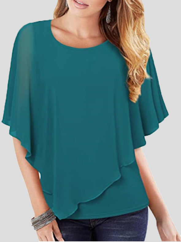 WW | Damen T-Shirts Einfarbig Fließend Kurze Ärmel Chiffon T-Shirt