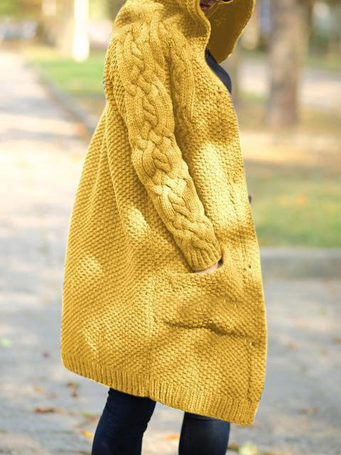WW | Frauen Strickjacken Einfarbig Ein-Knopf Tasche Kapuze Strickjacke