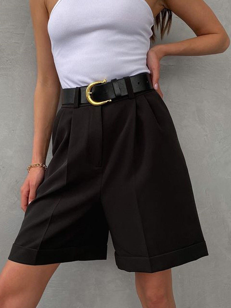 WW | Damen Shorts Einfarbig Reißverschluss Tasche Gerade Shorts