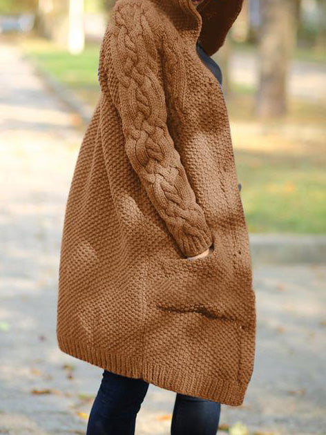 WW | Frauen Strickjacken Einfarbig Ein-Knopf Tasche Kapuze Strickjacke