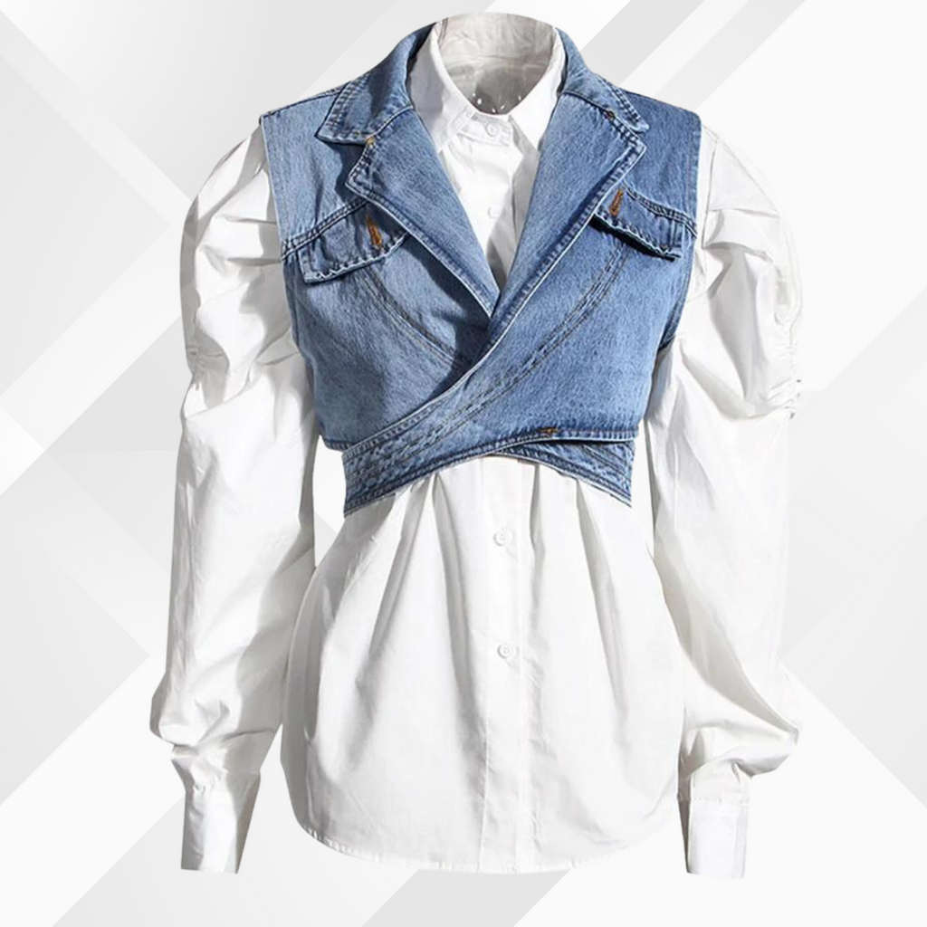 WW - Denim vest en blouse met pofmouwen