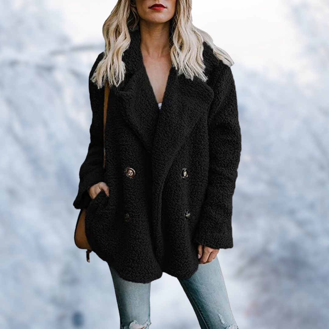 W&W Mode - Damen schwarzer Teddy-Mantel für gemütlichen Komfort