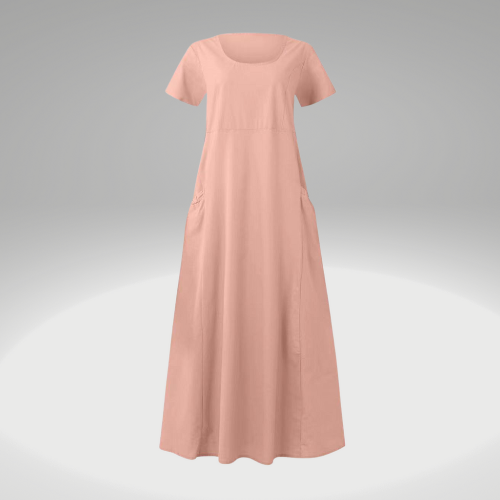 WW | Uni-farbenes, Lockeres Taschenkleid aus Baumwolle und Leinen