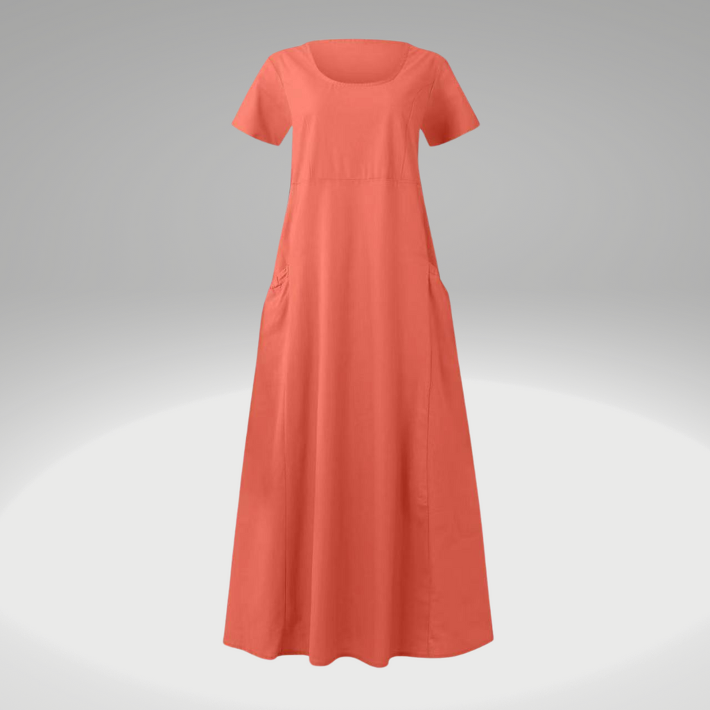 WW | Uni-farbenes, Lockeres Taschenkleid aus Baumwolle und Leinen