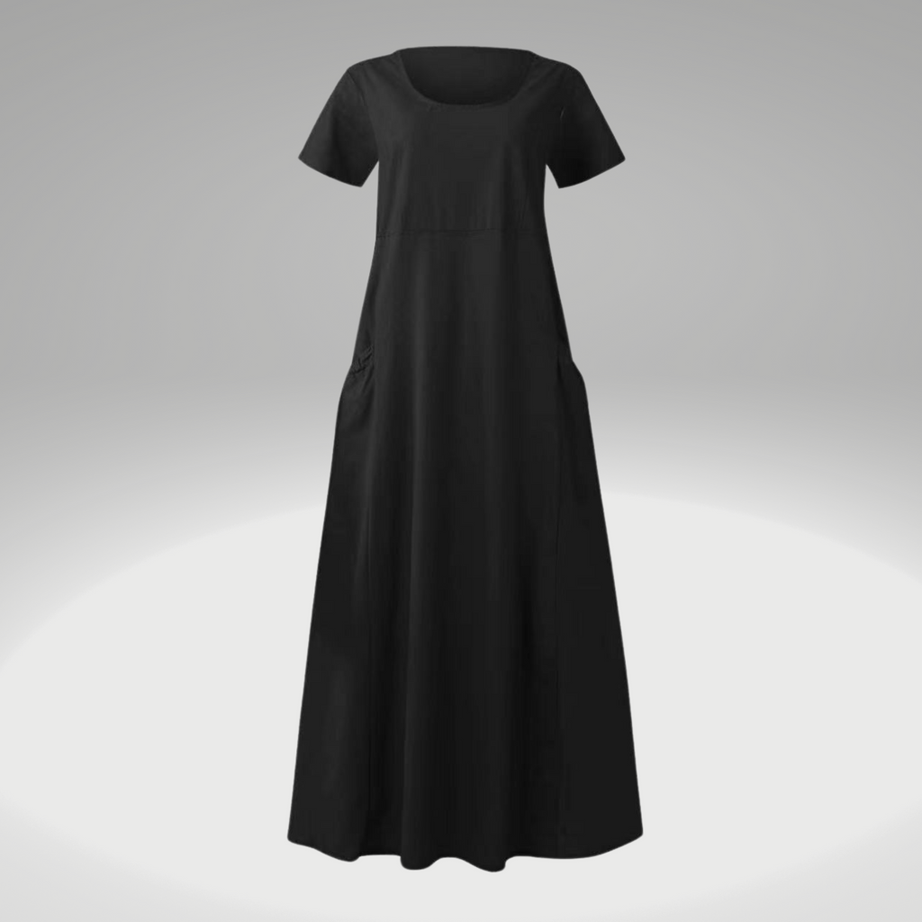 WW | Uni-farbenes, Lockeres Taschenkleid aus Baumwolle und Leinen